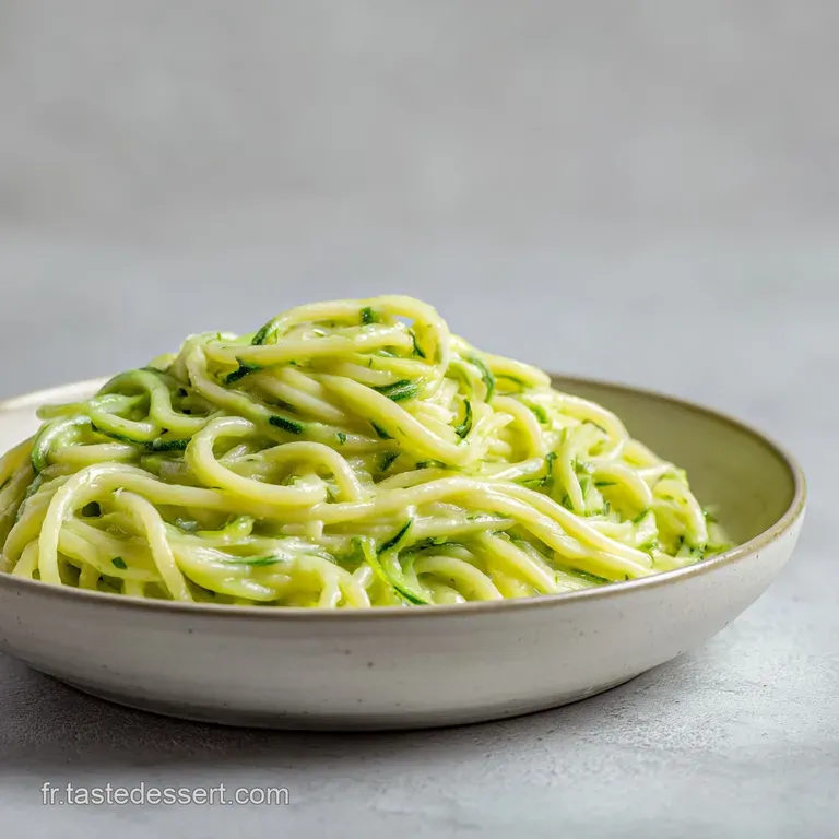 Nids de p&acirc;tes &eacute;l&eacute;gamment dress&eacute;s, napp&eacute;s d'une sauce velout&eacute;e et parsem&eacute;s de &eacute;clats de courgettes vert vif.