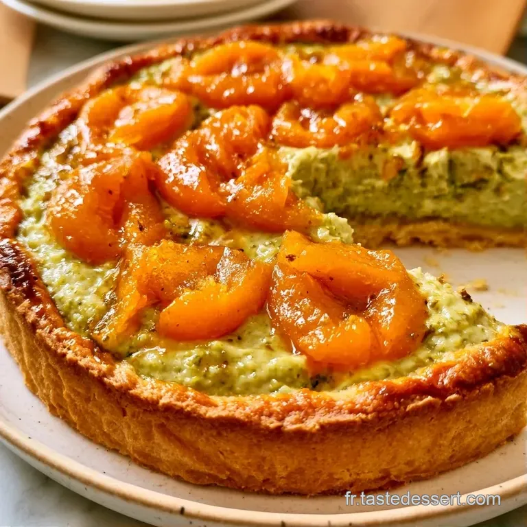 Part de tarte color&eacute;e pos&eacute;e sur une assiette blanche, r&eacute;v&eacute;lant une cr&egrave;me pistache onctueuse et des fruits juteux.