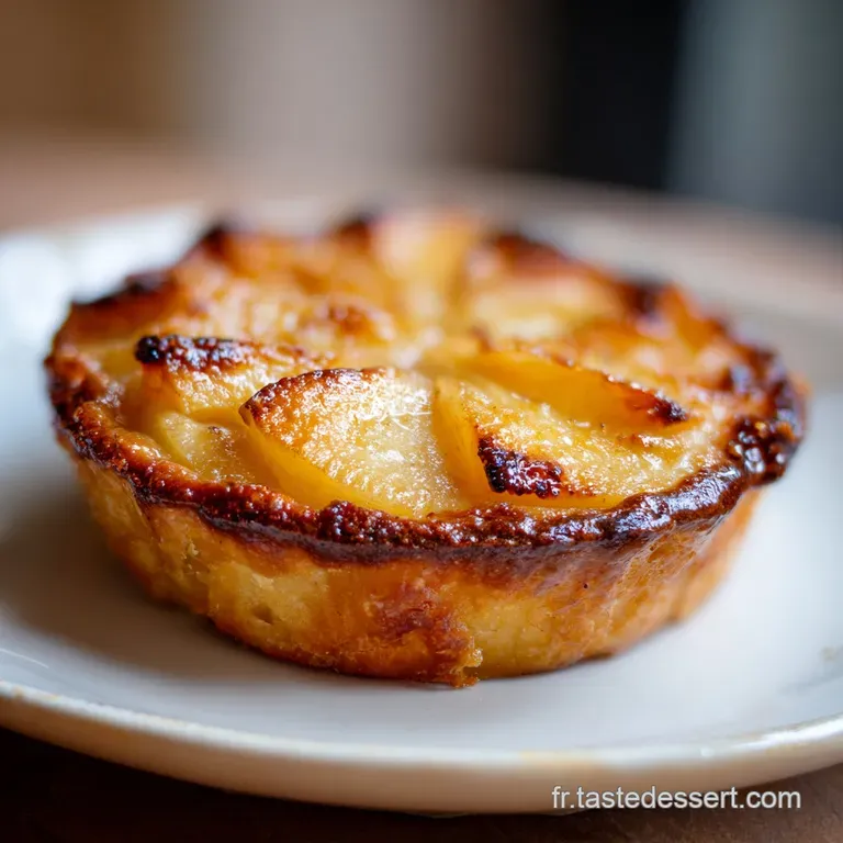 Slice of apple tart with layers of caramelized apples resting on a flaky, buttery crust. Served on a white plate. Warm, in...