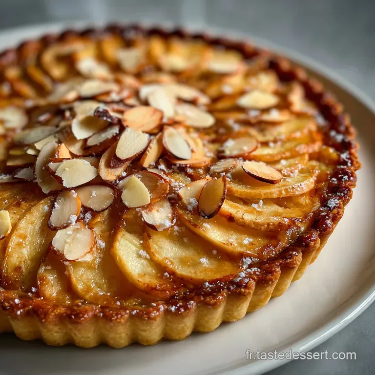 Elegant slice of apple almond tart on a white plate, with a scoop of vanilla ice cream melting slightly over the warm fill...