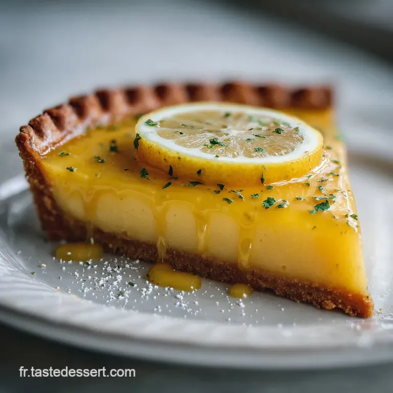 Slice of vibrant lemon tart with a flaky crust, artfully plated with a dusting of powdered sugar and fresh raspberry garnish.