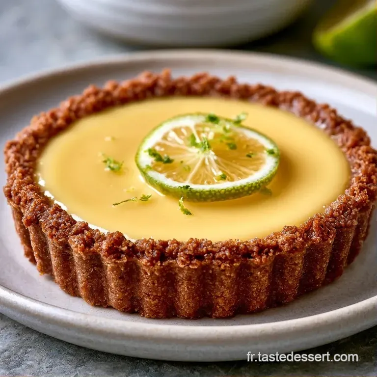Une part de tarte onctueuse jaune pos&eacute;e sur une assiette blanche, avec des miettes de biscuit brun et une feuille de menthe.
