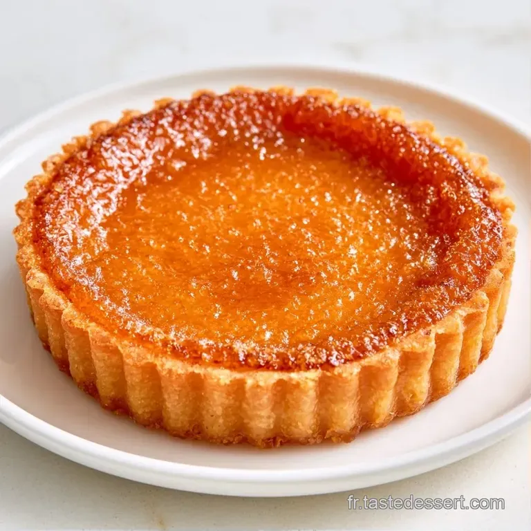 Part de tarte au sucre pos&eacute;e sur une assiette blanche, r&eacute;v&eacute;lant un centre fondant et une p&acirc;te sabl&eacute;e bien dor&eacute;e.
