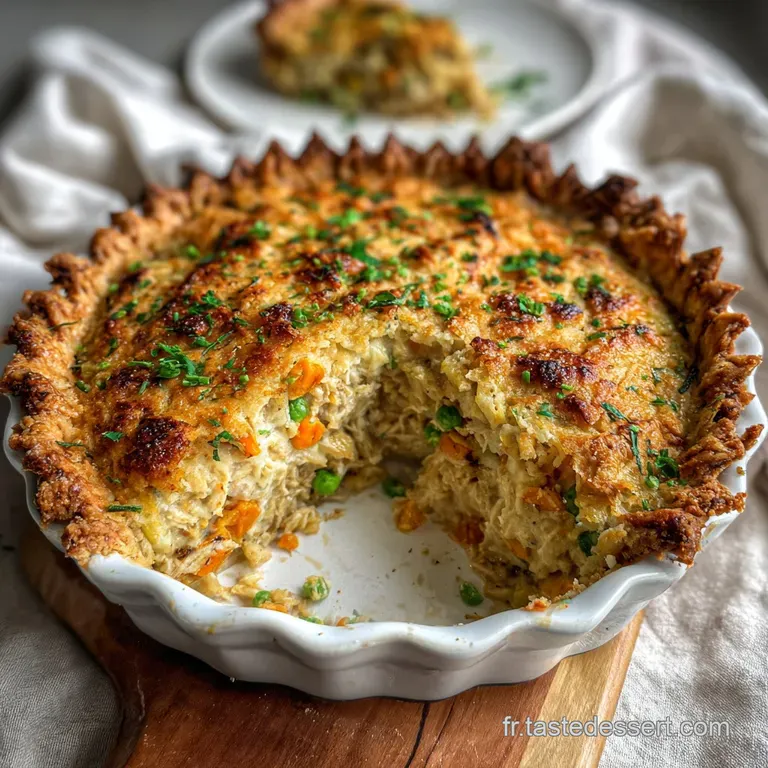 Elegant slice of tuna tart on a white plate, showcasing the flaky crust and creamy filling, garnished with a sprig of fres...