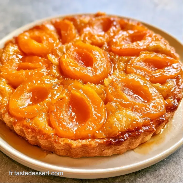 Une part de tarte orang&eacute;e sur assiette blanche, saupoudr&eacute;e de sucre glace avec une feuille de menthe d'un vert frais.