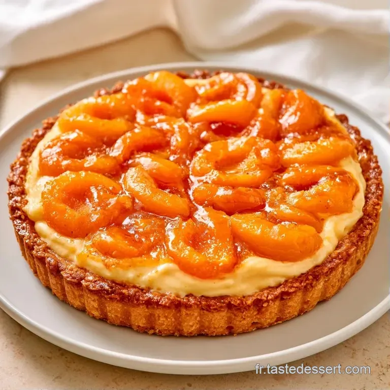 Part de tarte aux abricots orang&eacute;s et fondants pos&eacute;e sur une assiette blanche &eacute;pur&eacute;e, avec un nappage brillant et lisse.