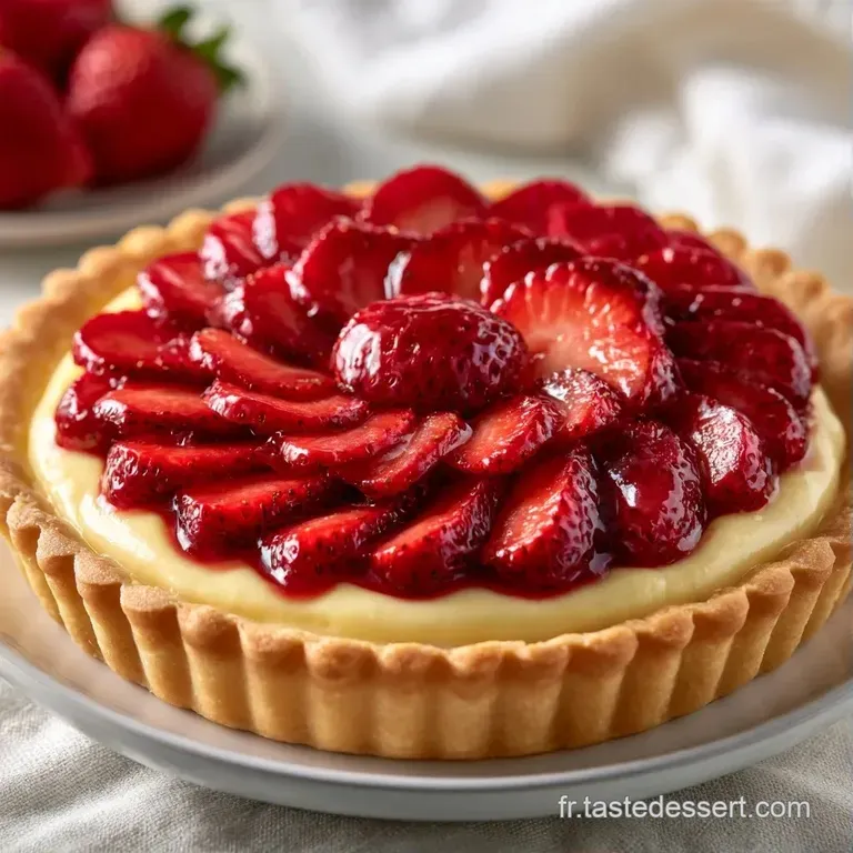 Une part de tarte aux fruits rouges sur une assiette blanche, r&eacute;v&eacute;lant une texture fondante et des fraises fra&icirc;ches.