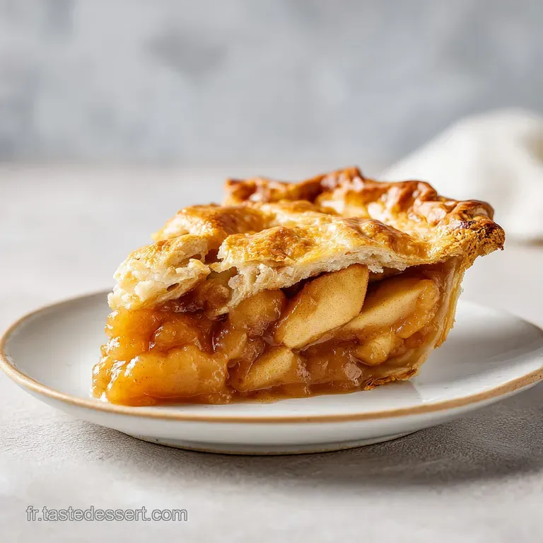 Slice of rustic apple tart on a white plate, dusted with powdered sugar. Delicate, flaky crust with visible apple slices.