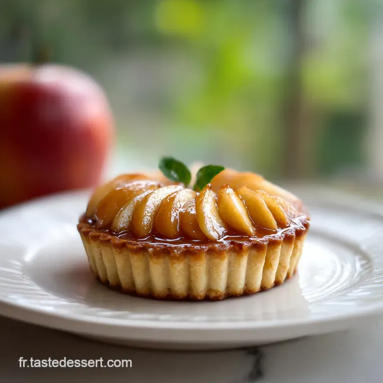 Elegant slice of warm apple tart on a white plate, showcasing the buttery crust and soft, spiced apples filling. Creamy sa...