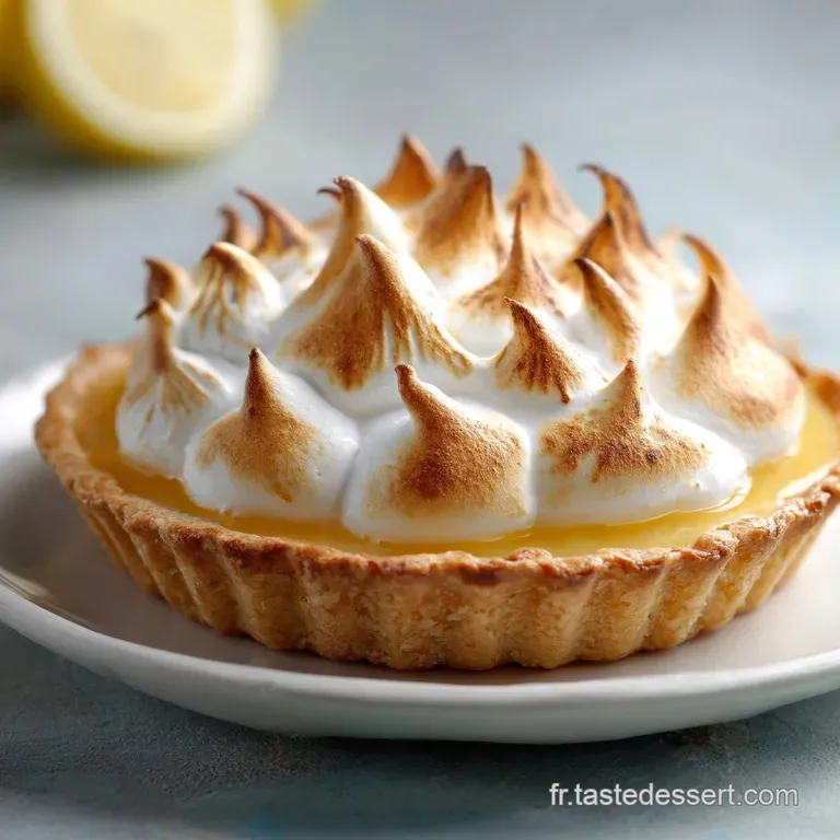 Slice of lemon meringue tart on a white plate, meringue peaks lightly browned, next to a fork; inviting light and airy des...