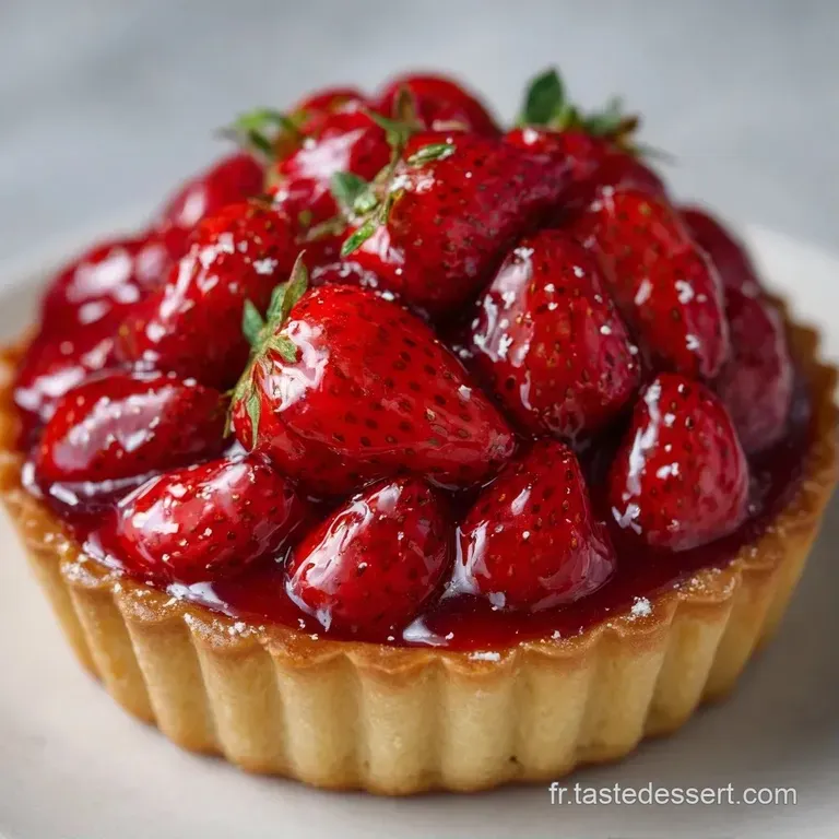 Une part de tarte aux fruits rouges napp&eacute;e de gel&eacute;e brillante, pos&eacute;e sur une assiette blanche avec un trait de coulis.