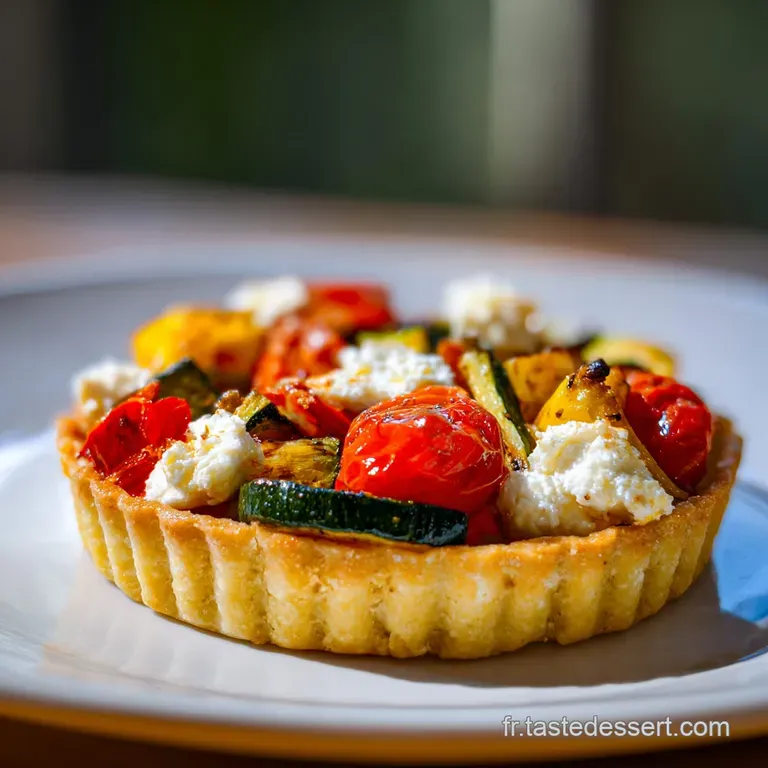 Une part de tarte aux l&eacute;gumes aux couleurs vives pos&eacute;e sur une assiette blanche, r&eacute;v&eacute;lant une p&acirc;te bien croustillante.