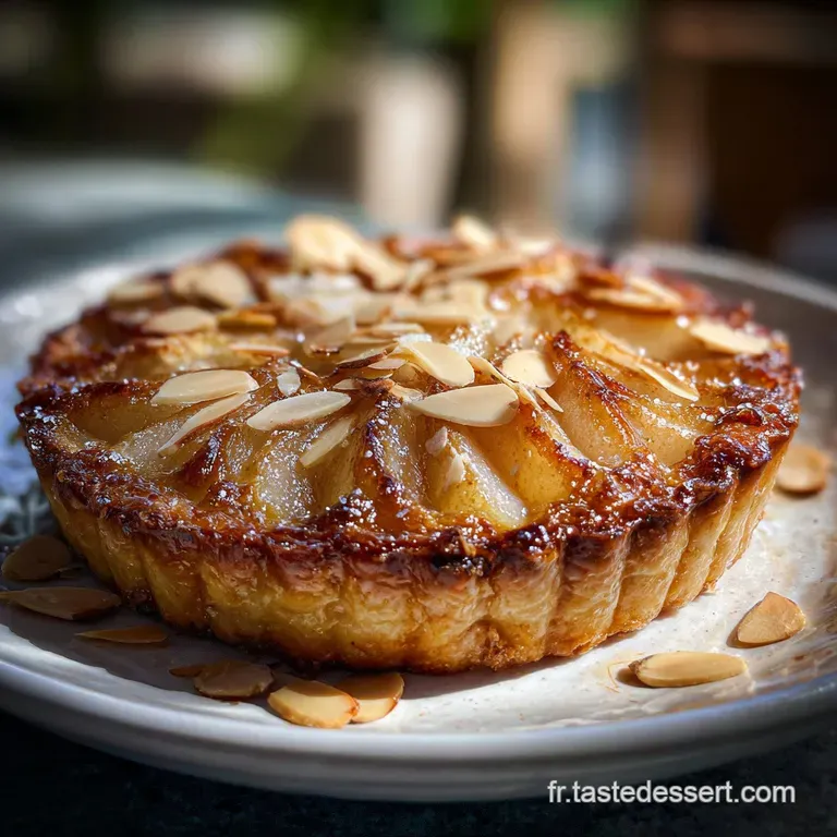 Slice of pear almond tart with powdered sugar, next to whipped cream. Warm, rustic dessert on a white plate, inviting and ...