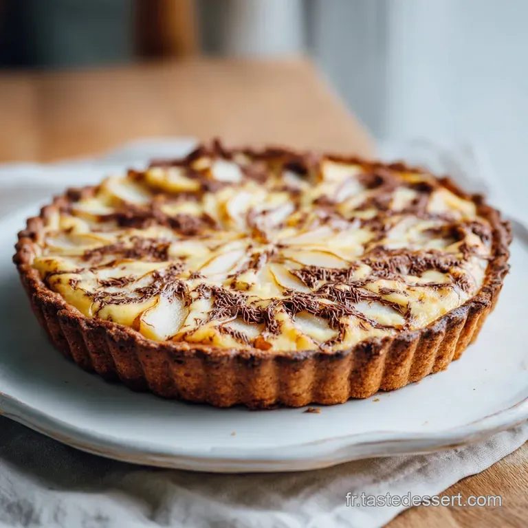Slice of chocolate pear tart plated; powdered sugar dusting and chocolate sauce drizzle. Shiny pears against a dark chocol...