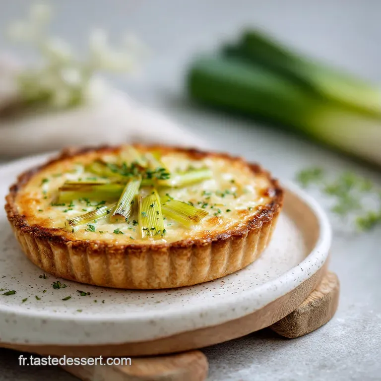 Slice of leek tart on a white plate. The creamy filling contrasts with the golden, flaky pastry, tempting the appetite.