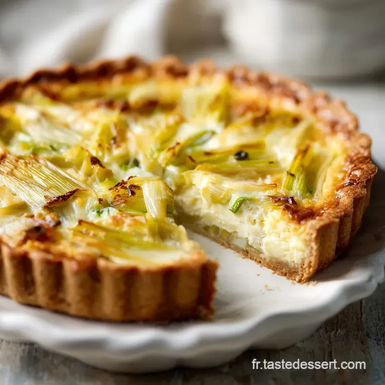 Slice of creamy leek tart on a white plate, speckled with herbs, next to a bright green salad. Comforting and elegant.