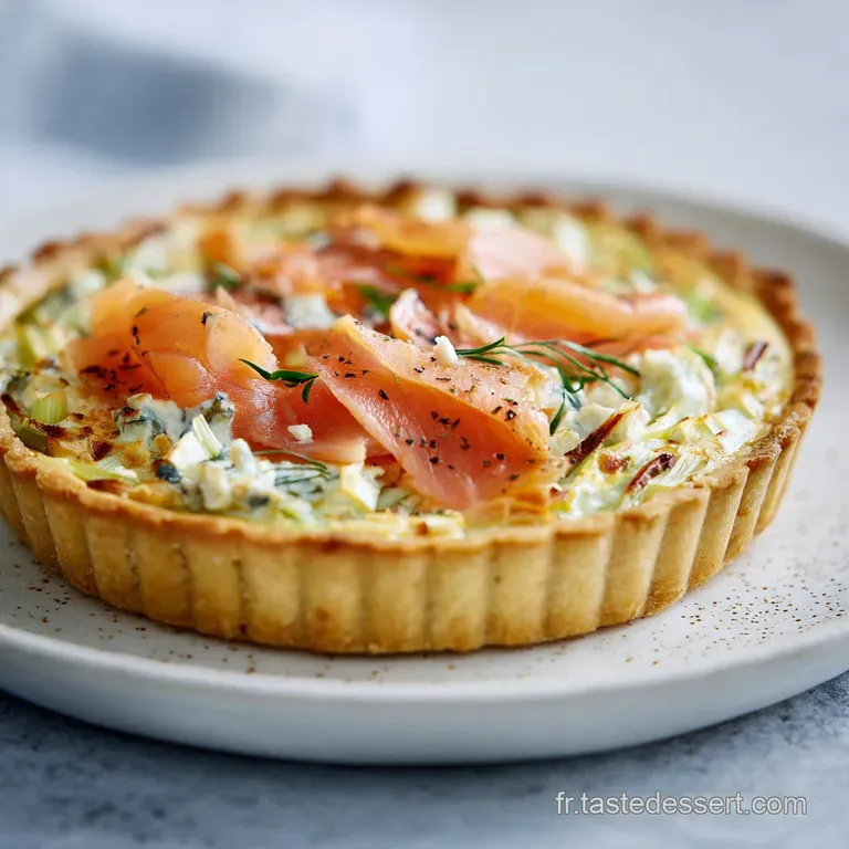 A wedge of savory tart with flaky crust, garnished with fresh herbs, on a clean white plate. Appetizing and elegantly pres...