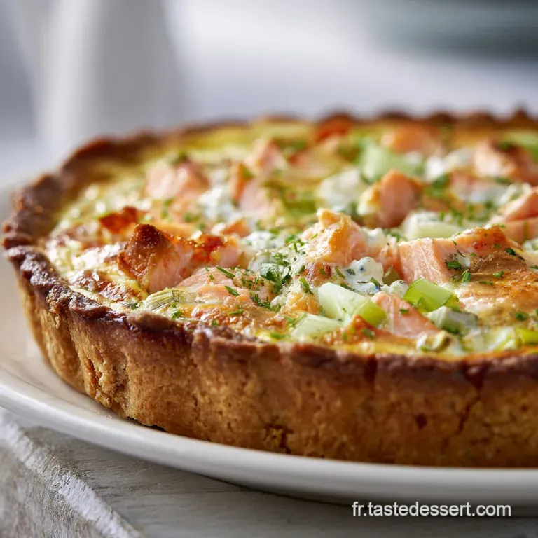 A neat slice of savory tart showcasing layered leeks and salmon, artfully placed on a white plate.