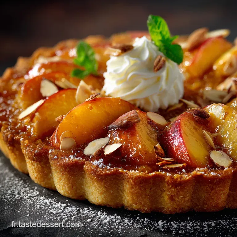 Tarte Rustique Aux P&ecirc;ches R&ocirc;ties Et Cr&egrave;me Damandes &Agrave; La Vanille presentation