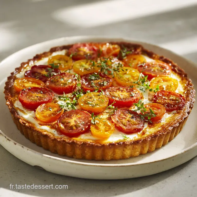 Slice of rustic tomato tart on a white plate. Flaky golden crust supports a colorful mosaic of red tomatoes and creamy moz...