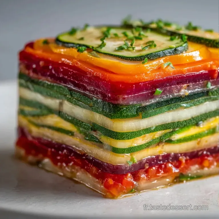 Tranche de terrine multicolore sur assiette blanche, accompagn&eacute;e d'une herbe fra&icirc;che et d'un filet d'huile brillante.