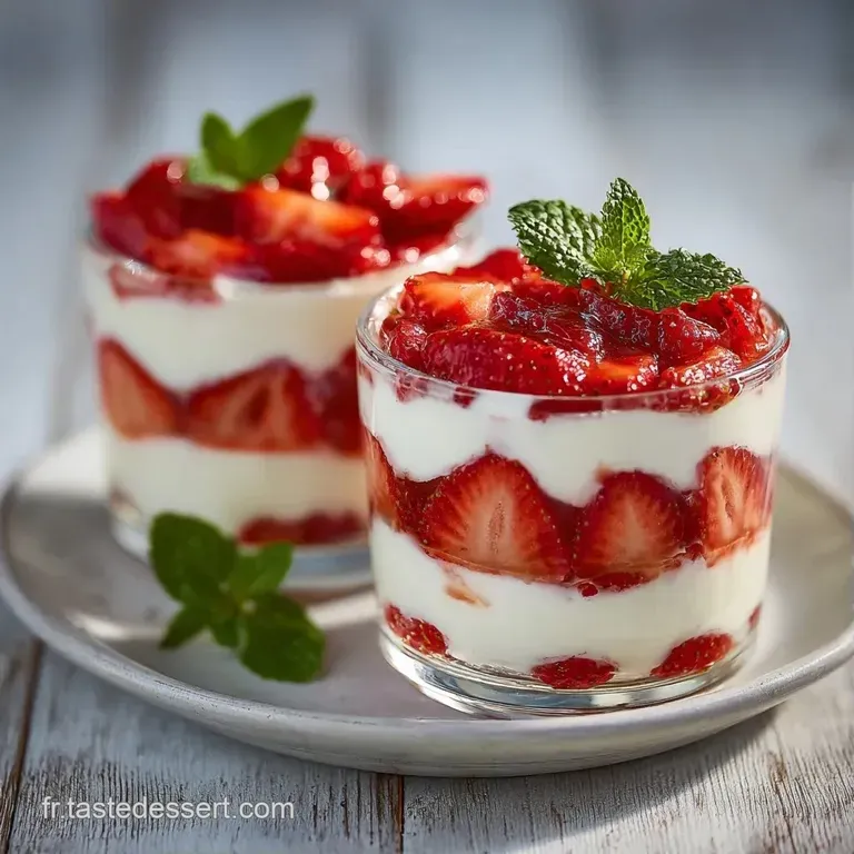 Verre transparent r&eacute;v&eacute;lant des couches altern&eacute;es de biscuits imbib&eacute;s, cr&egrave;me velout&eacute;e et morceaux de fraises juteuses.