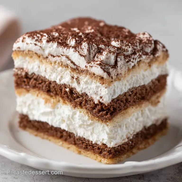 Tranche onctueuse aux tons brun chaud sur assiette blanche, surmont&eacute;e d'un d&ocirc;me de cr&egrave;me a&eacute;rienne et d'un trait de sirop.