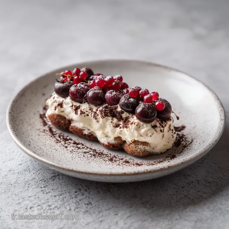 Elegant slice of tiramisu with glossy chocolate shavings and a single maraschino cherry.