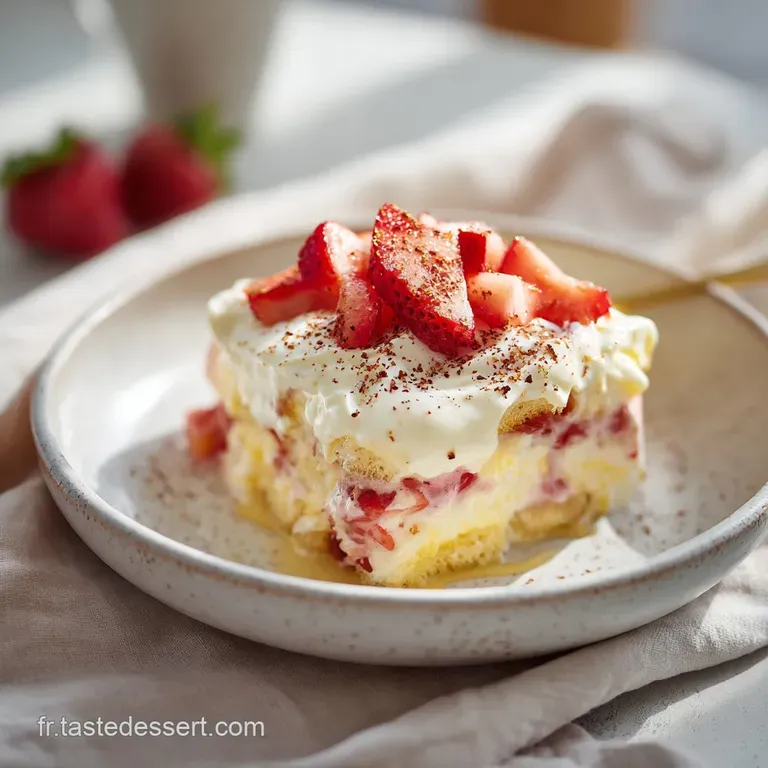 Elegant slice of strawberry tiramisu on a white plate. Whipped cream rosettes and fresh strawberry garnish add a touch of ...