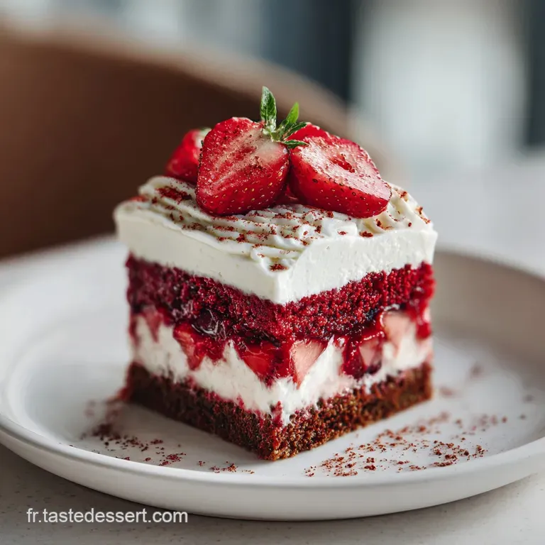 Elegant tiramisu slice showing soaked ladyfingers, lush mascarpone layers, and glistening macerated mixed berries on a plate.