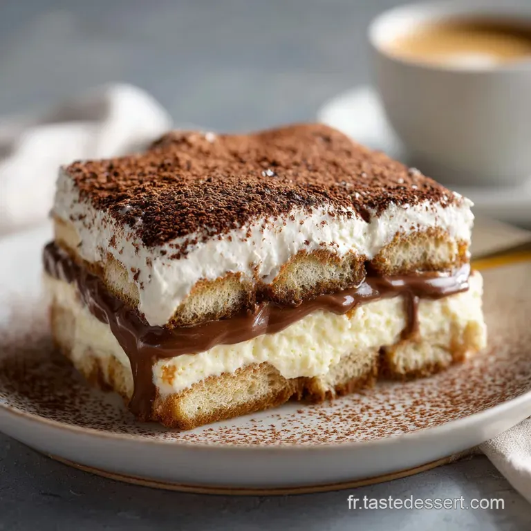 Elegant slice of Tiramisu with Nutella, showcasing layers of coffee-soaked ladyfingers and velvety mascarpone cream with c...