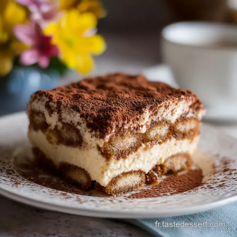 Elegant tiramisu slice on a white plate, highlighting the contrasting textures of soft cream, crisp cocoa, and chocolate d...