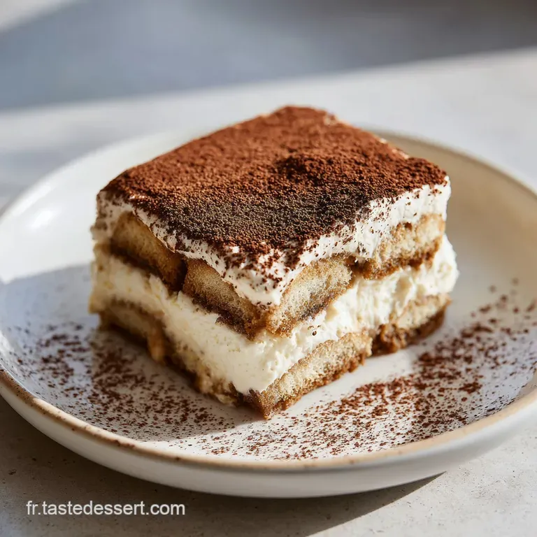 Elegant slice of tiramisu on a white plate, showcasing coffee-soaked layers and creamy filling dusted with cocoa powder.