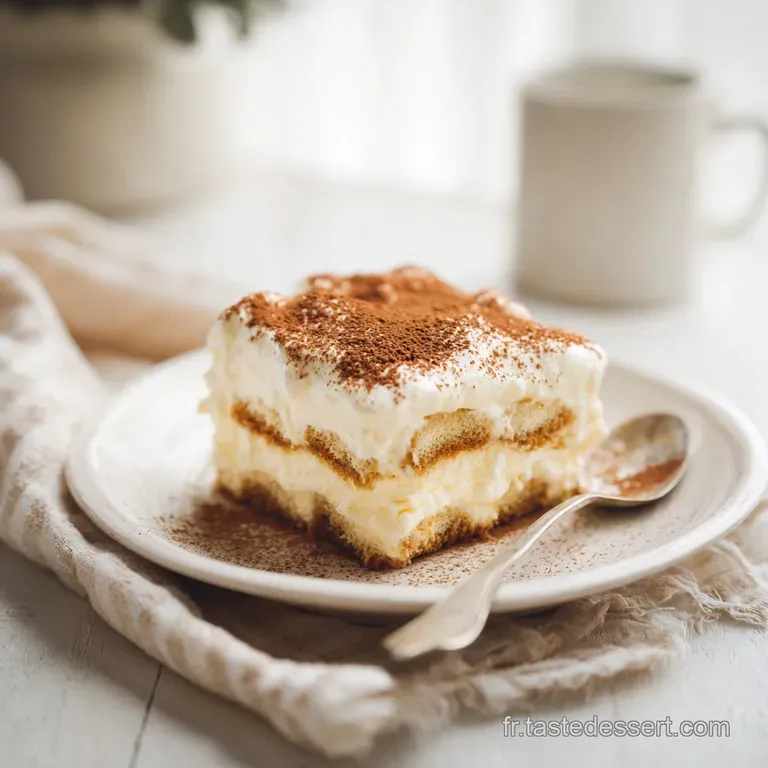 Elegant slice of layered tiramisu on a plate, creamy filling contrasting with the dark cocoa dusting and cookie.