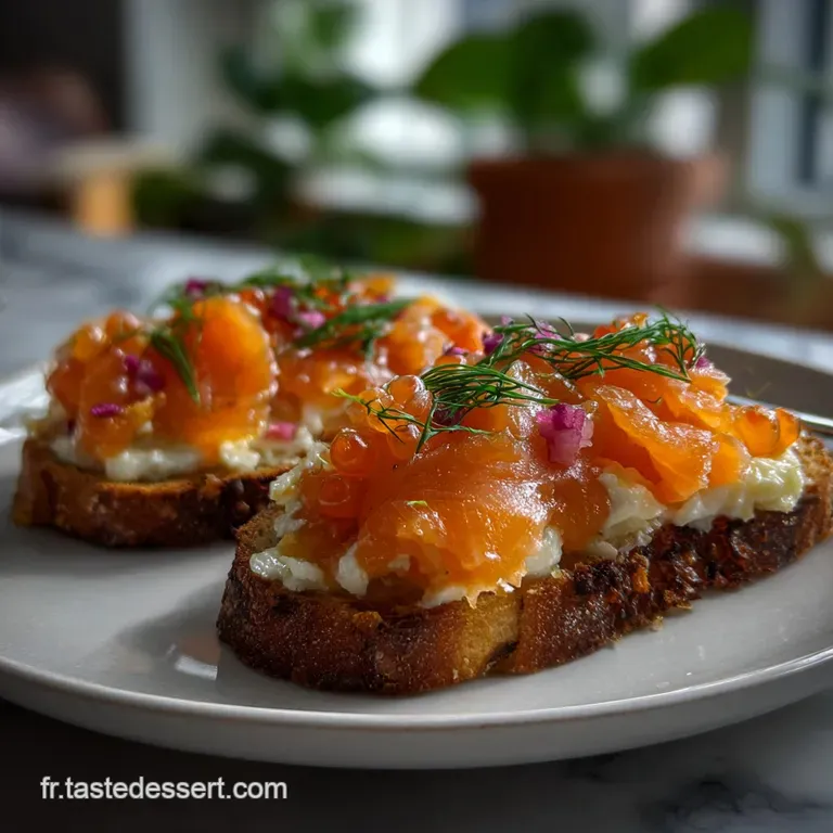 Elegant plate featuring toasted bread slices artfully arranged with smoked salmon roses, capers, and dill. A light and fla...
