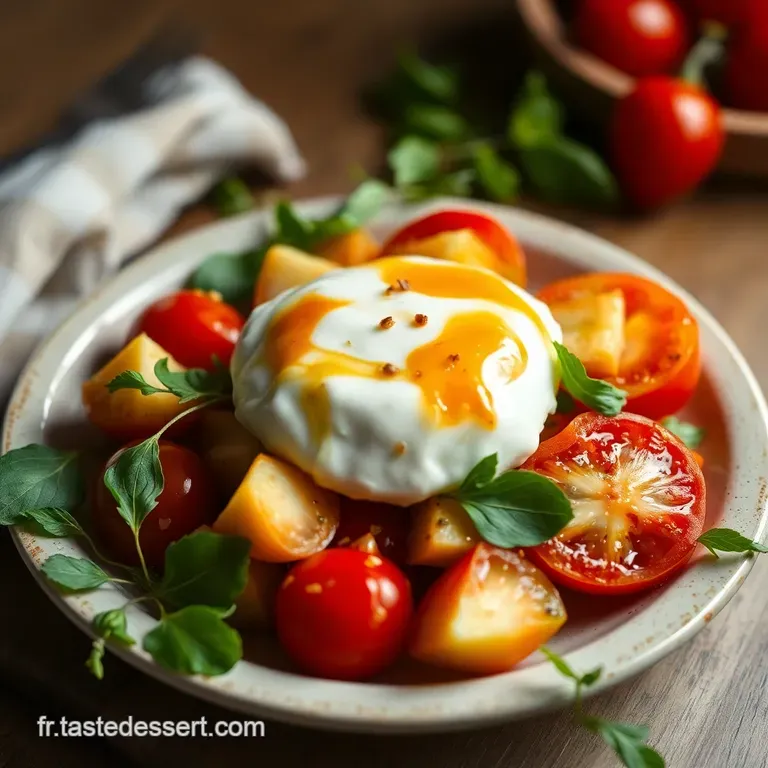 Tomates Br&ucirc;l&eacute;es P&ecirc;ches Grill&eacute;es Et Burrata presentation