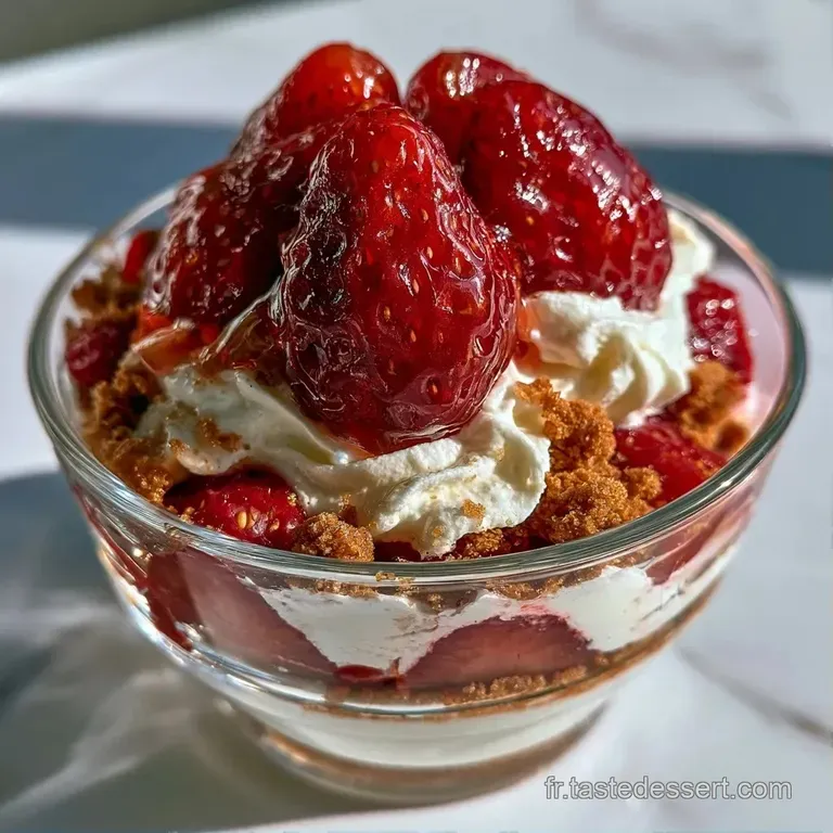Verre transparent d&eacute;voilant des strates de cr&egrave;me blanche lisse, miettes de biscuits et fruits rouges frais et juteux.