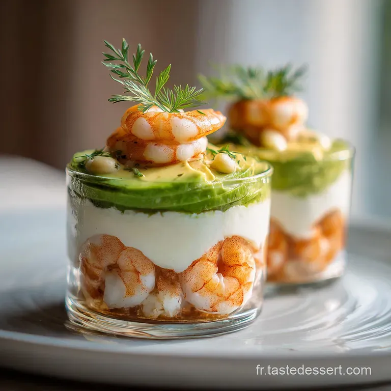 Elegant avocado shrimp verrine in a glass. The light pink of shrimp contrasts with the avocado's bright green and creamy w...