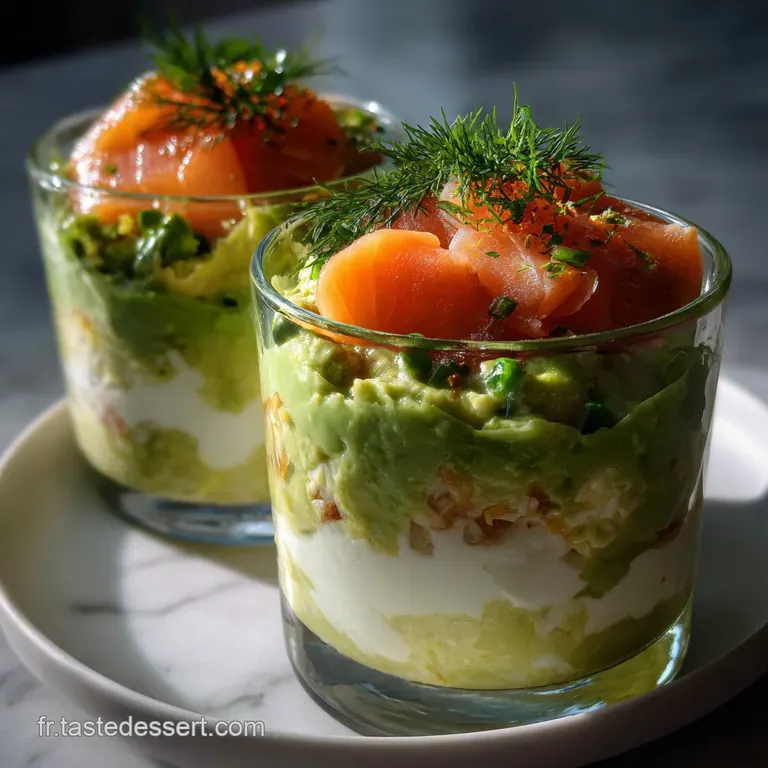 Elegant verrine, showcasing layers of green avocado mousse and pink smoked salmon, garnished with dill and a lemon twist.