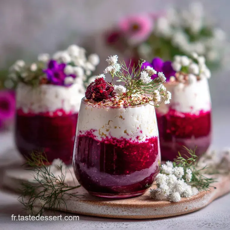 A single, artfully arranged verrine: layered pink and white hues, topped with a delicate sprig of green, creating a sophis...