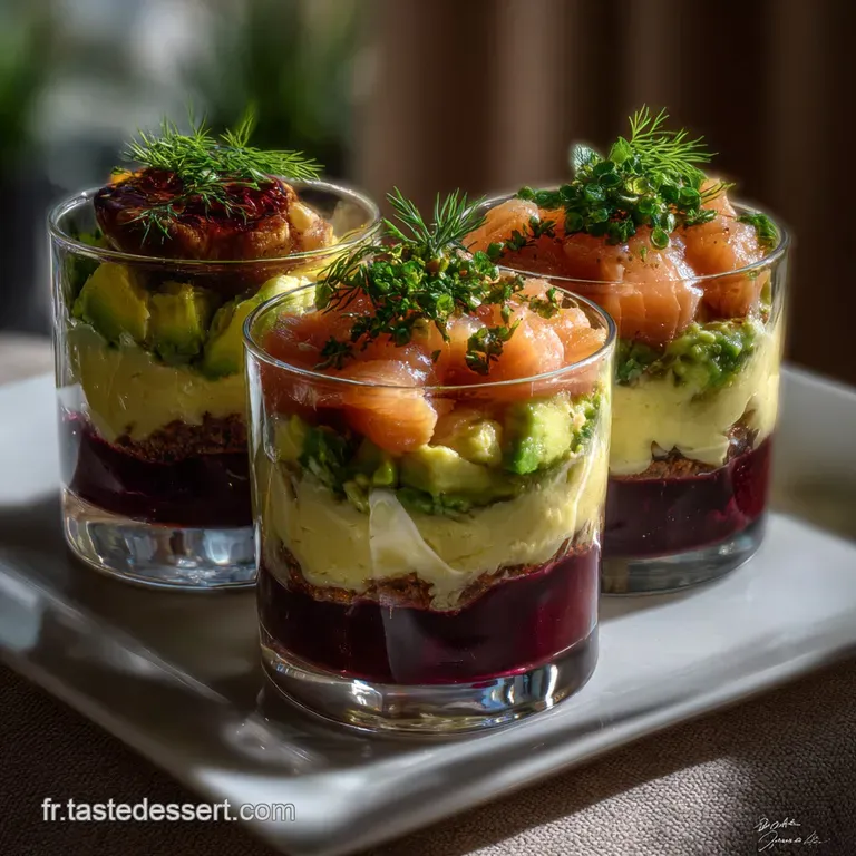 Elegant individual servings in clear glasses showcasing layers of textures and colors, garnished with fresh herbs and colo...